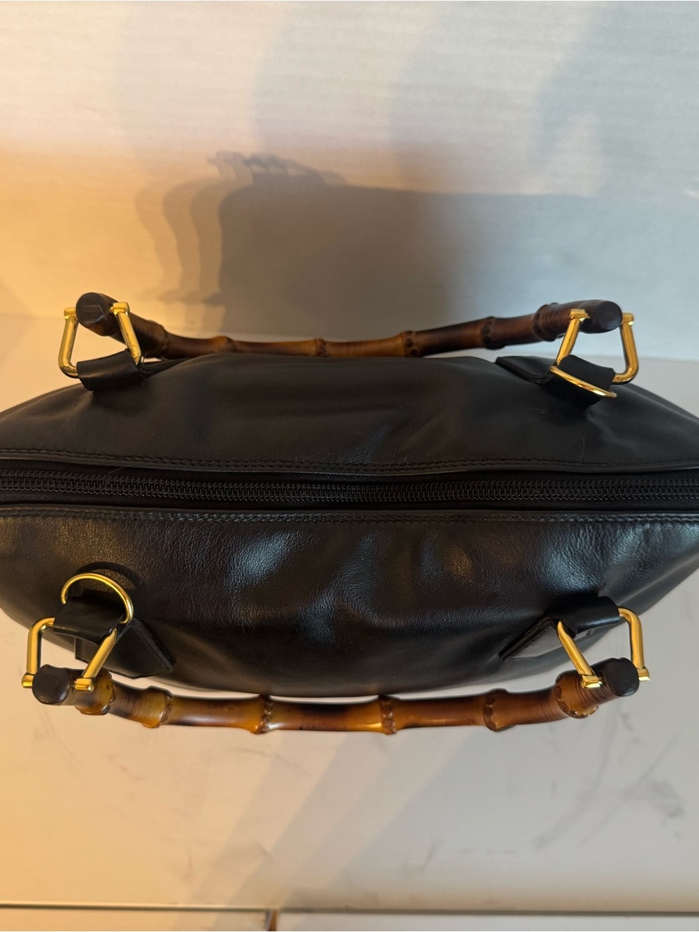 Large Authentic Gucci Black leather bamboo handle bag purse satchel - Picture 6 of 17